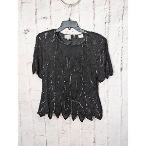 Stenay Womens Size Large Blouse Short Sleeve w Shoulder Pads Silk Black Sequined
